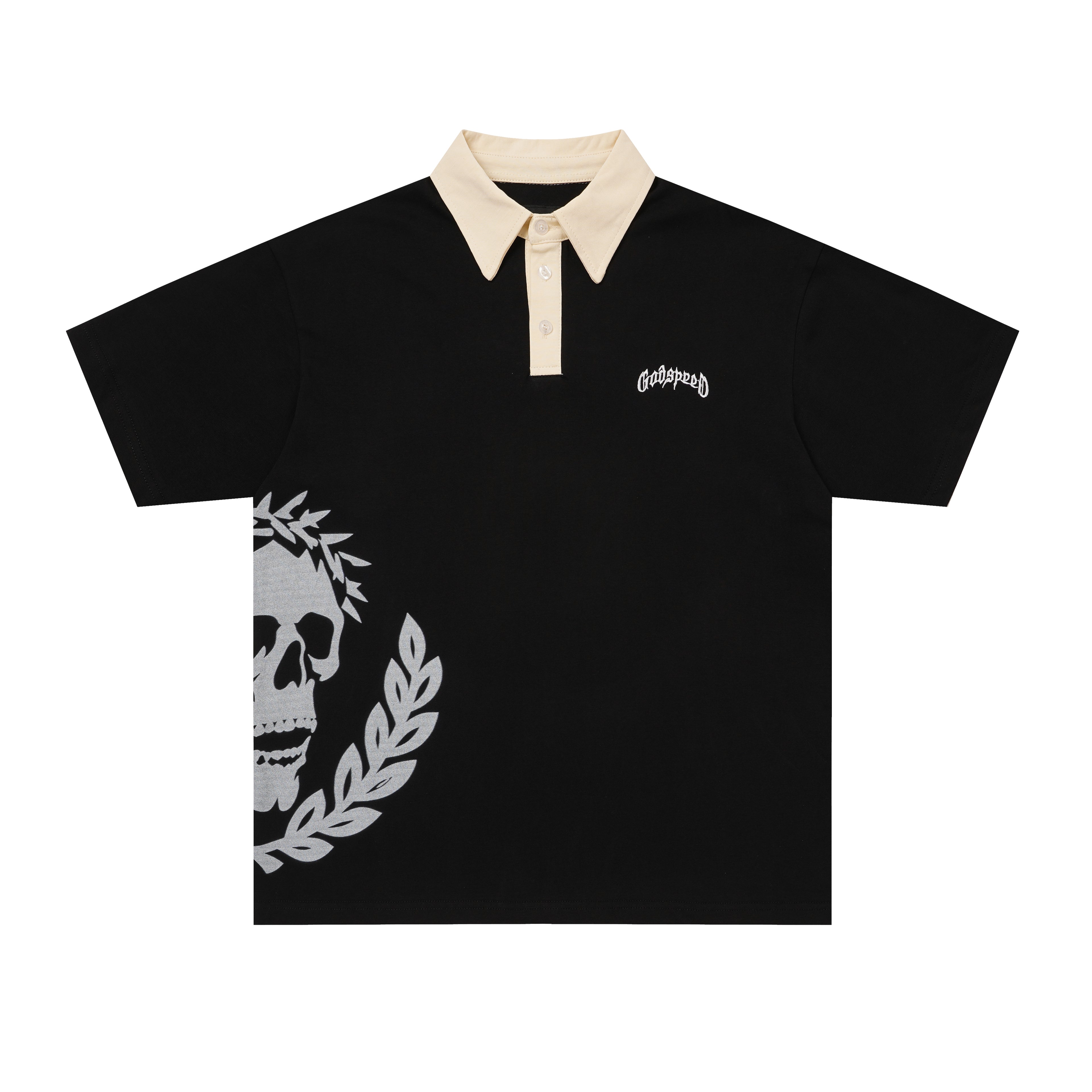 Godspeed Skull‑Laurel Contrast Collar Polo Shirt