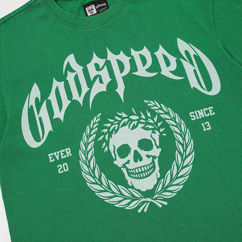 Godspeed Skull Print Green T‑Shirt