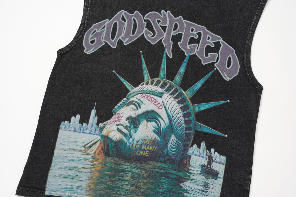 Godspeed Statue‑of‑Liberty Print Black Washed Tank Top