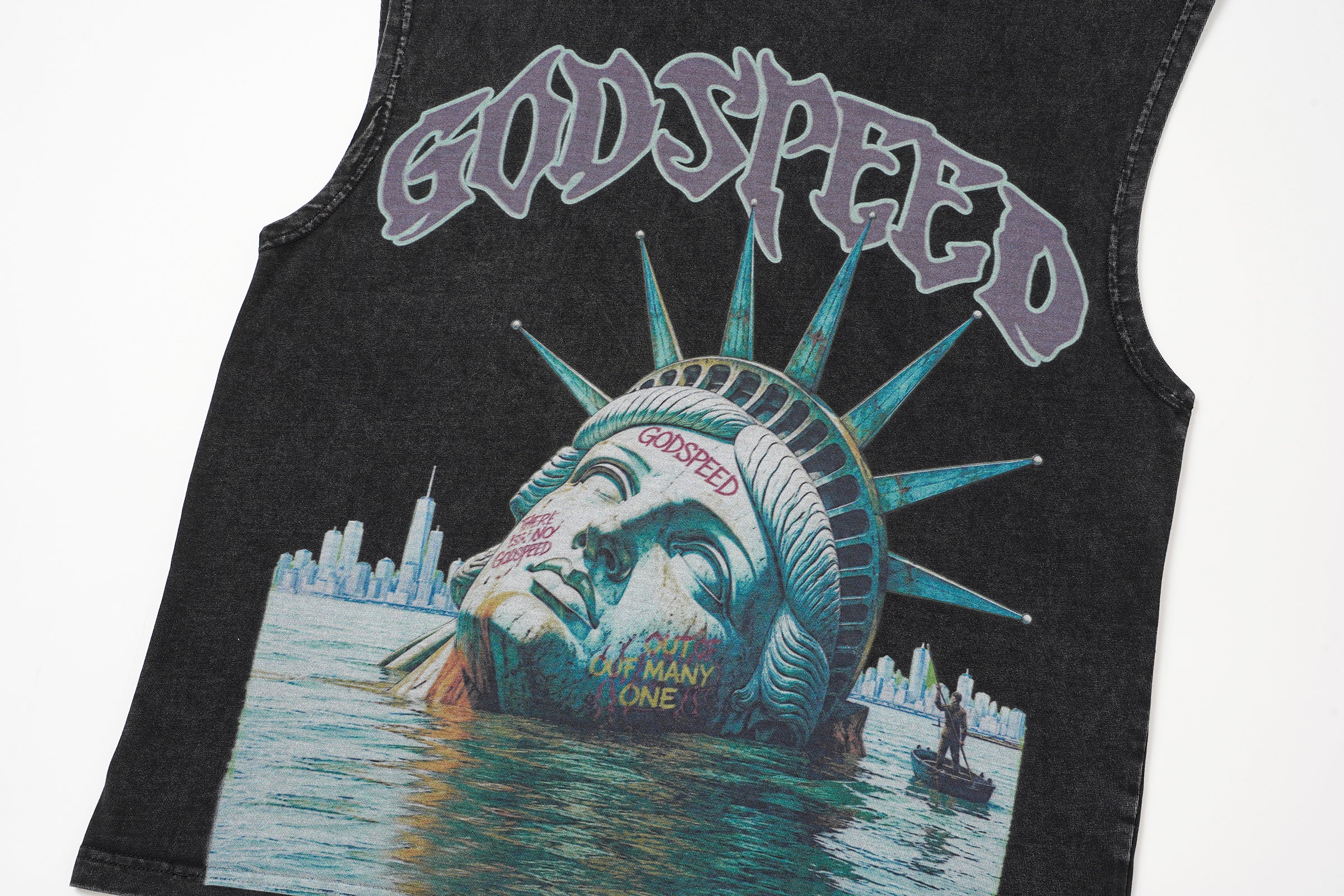 Godspeed Statue‑of‑Liberty Print Black Washed Tank Top