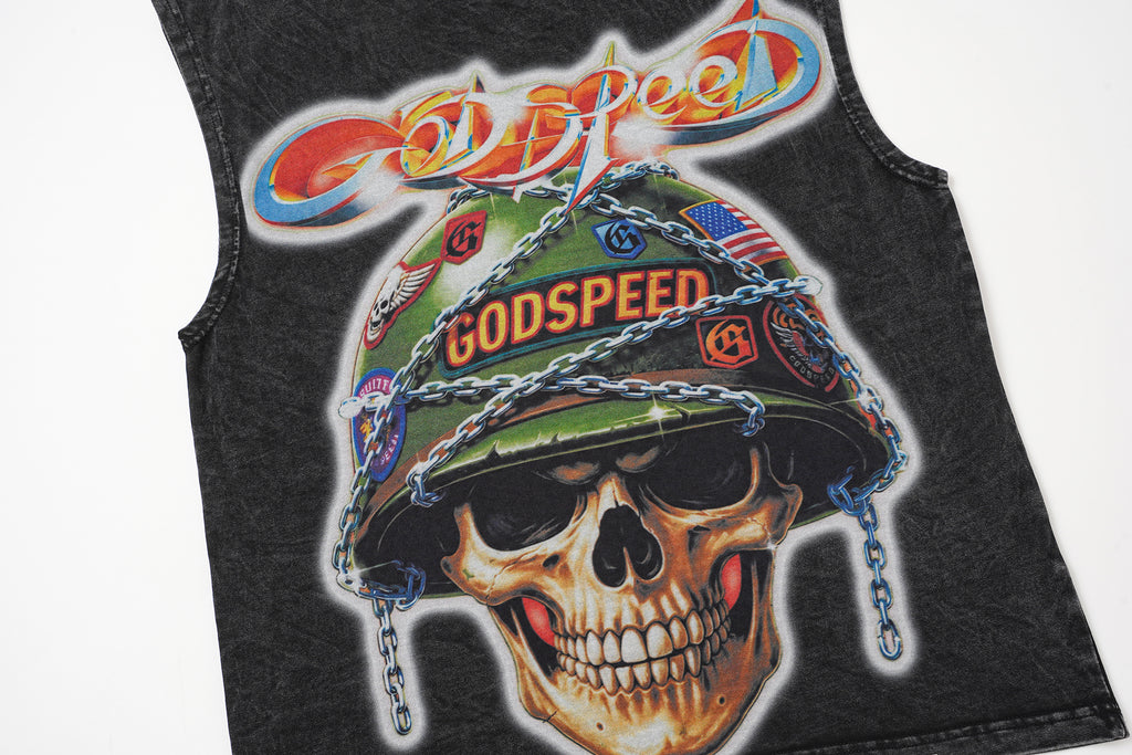 Godspeed Helmet‑Skull Print Black Washed Tank Top