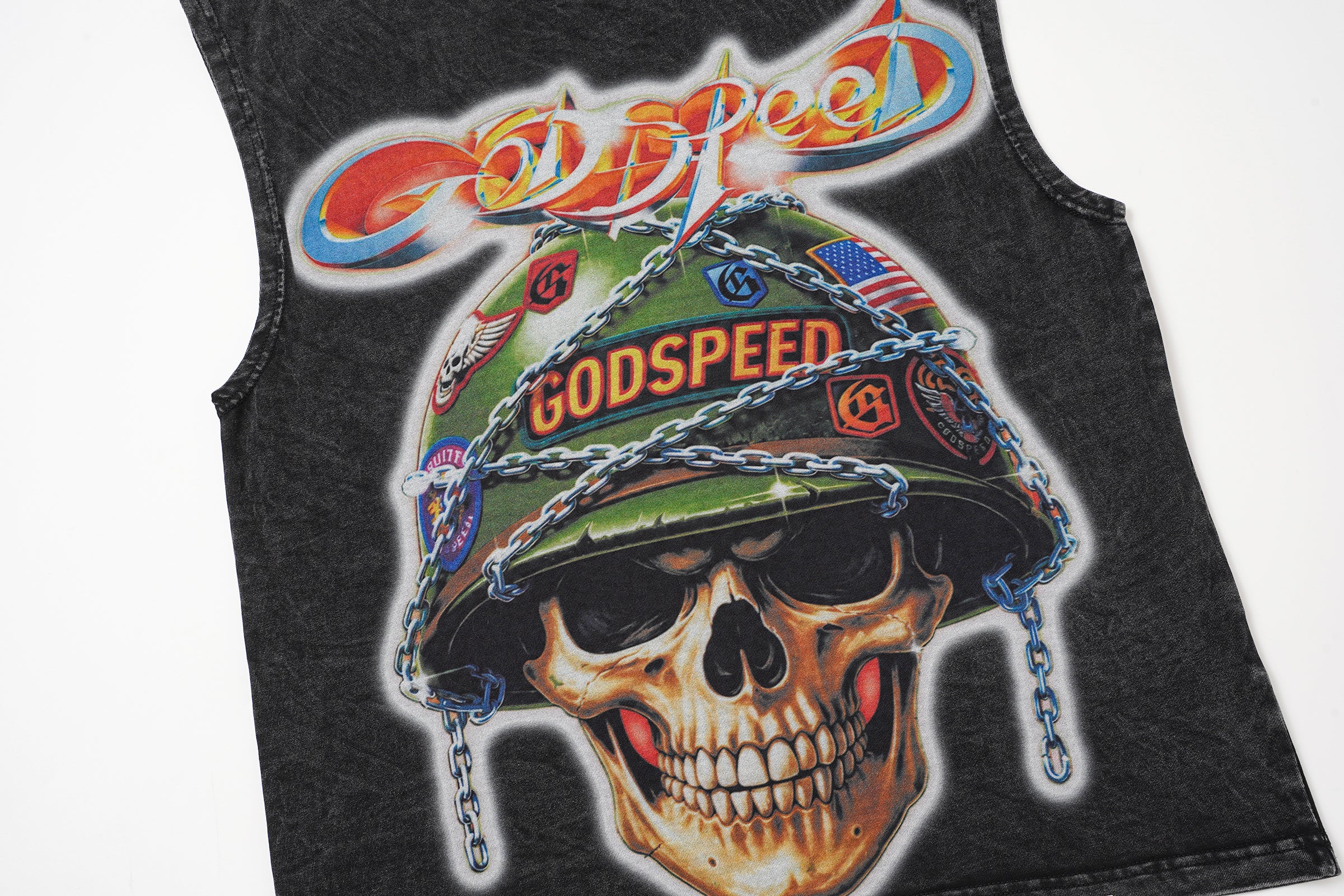 Godspeed Helmet‑Skull Print Black Washed Tank Top