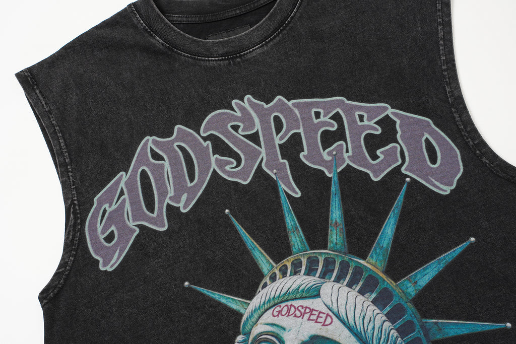 Godspeed Statue‑of‑Liberty Print Black Washed Tank Top