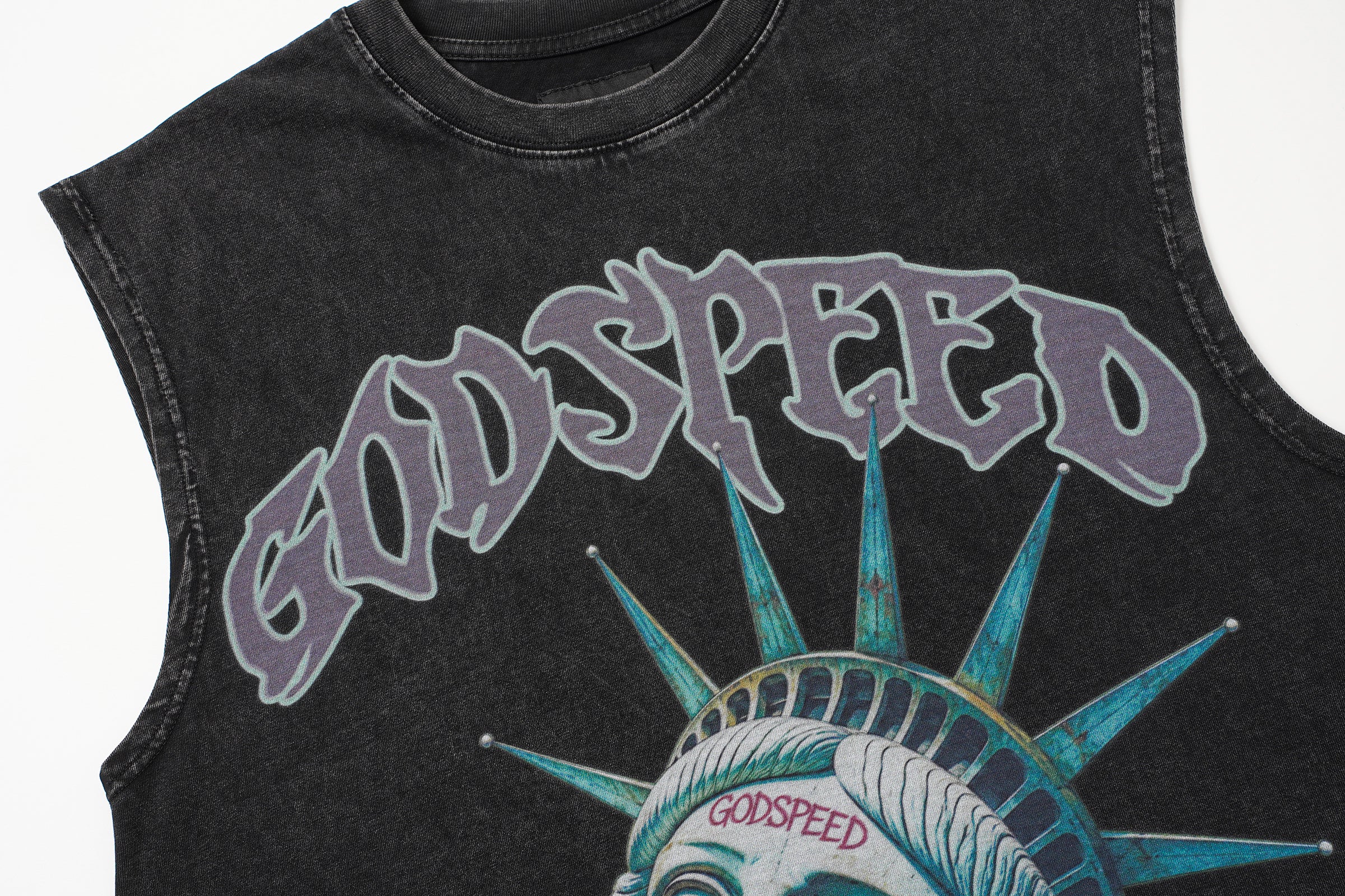 Godspeed Statue‑of‑Liberty Print Black Washed Tank Top