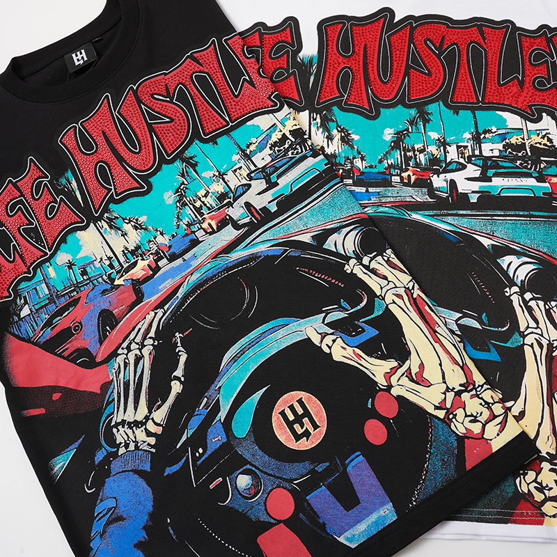 Life Hustlers Skeleton Car Graphic Two‑Tone T‑Shirt