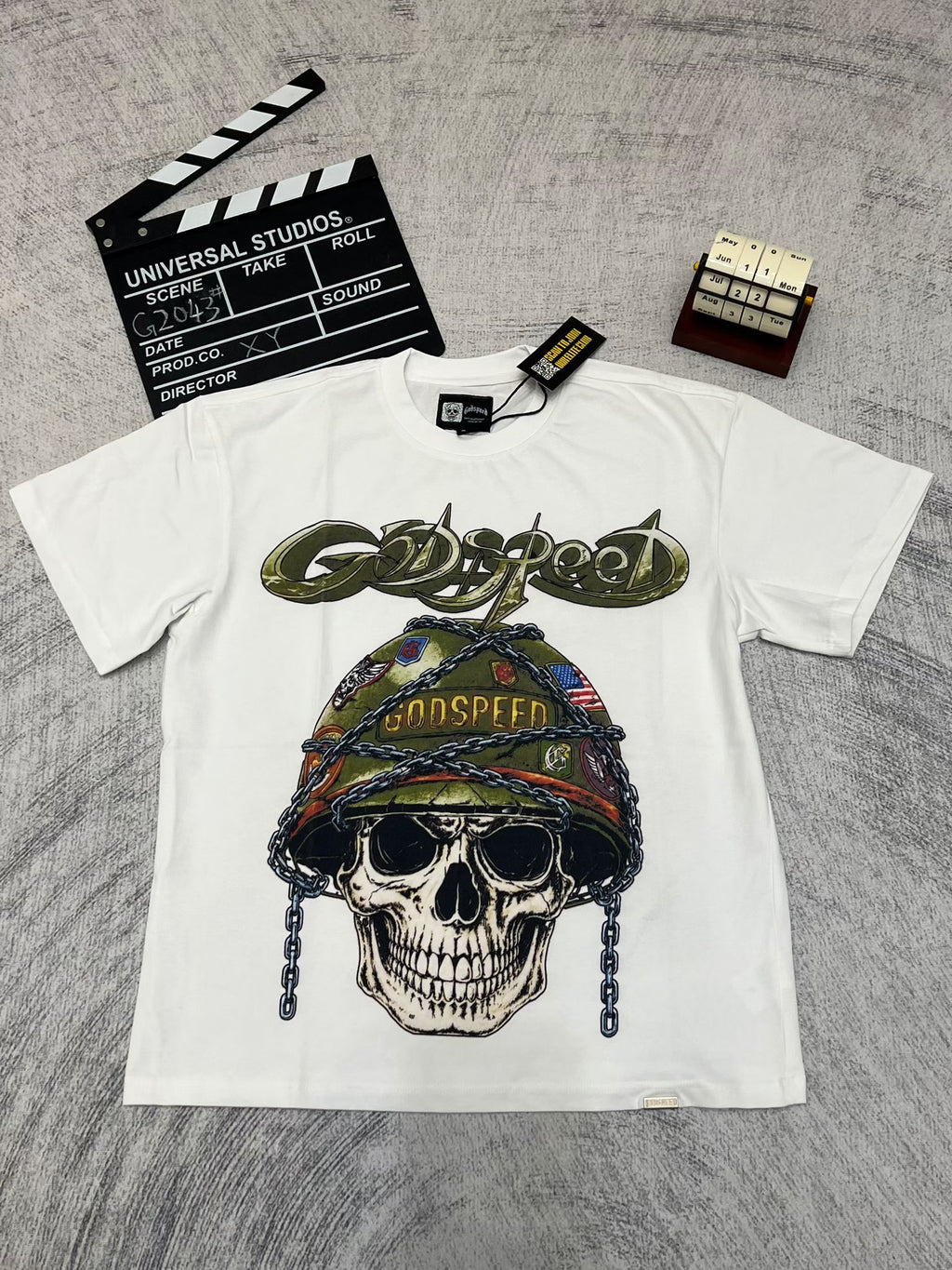 Godspeed Skull Helmet Graphic White T‑Shirt