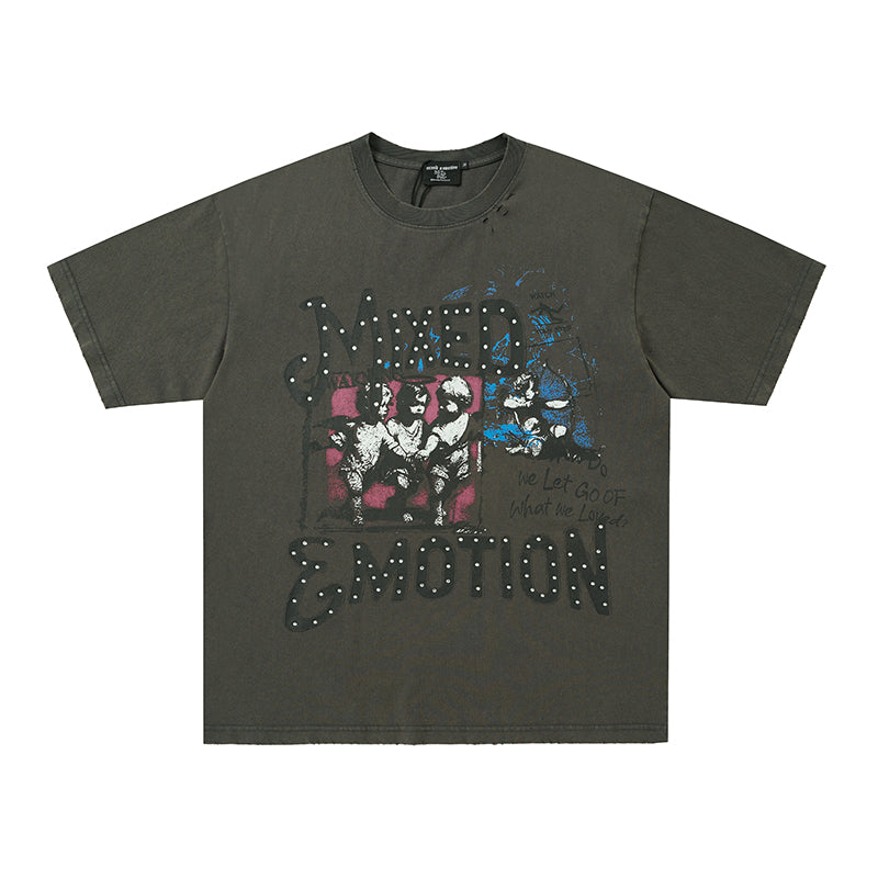 MIXED EMOTION Rhinestone Skull Graphic Black‑Grey T‑Shirt