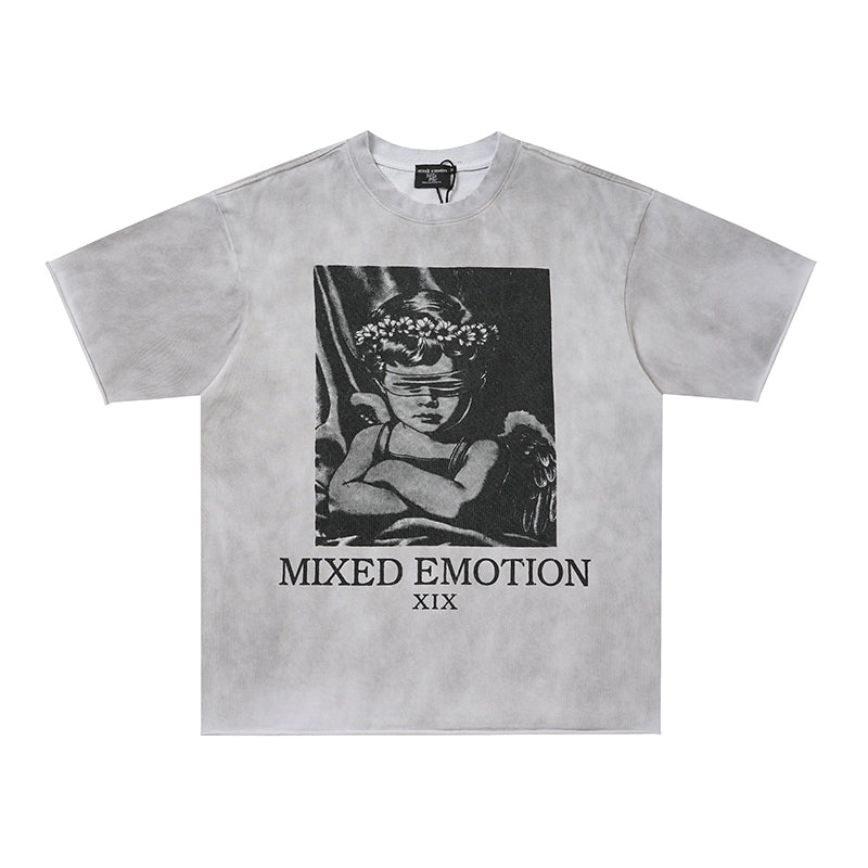 MIXED EMOTION Angel Portrait Washed Grey T‑Shirt