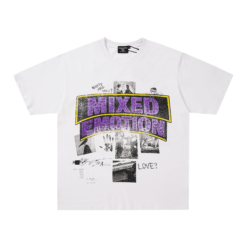MIXED EMOTION Purple Rhinestone Cross White T‑Shirt