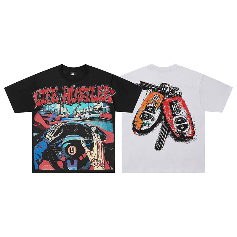 Life Hustlers Skeleton Car Graphic Two‑Tone T‑Shirt