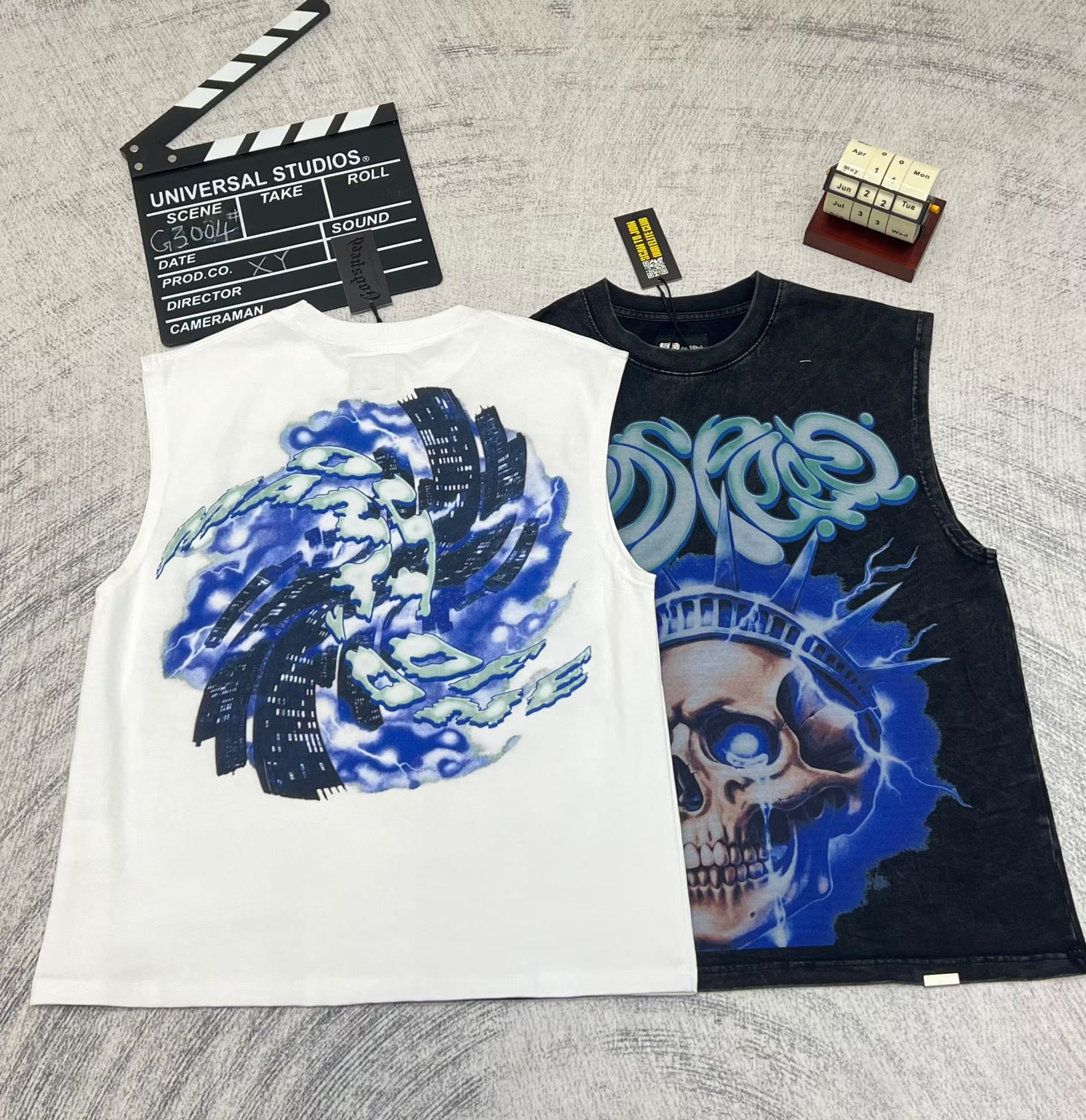 Godspeed Blue‑Flame Skull Print 2‑Color Tank Top