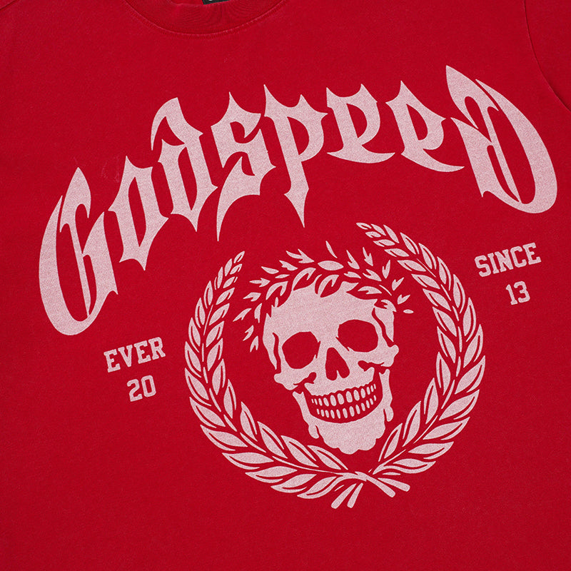 Godspeed Skull Print Red T‑Shirt