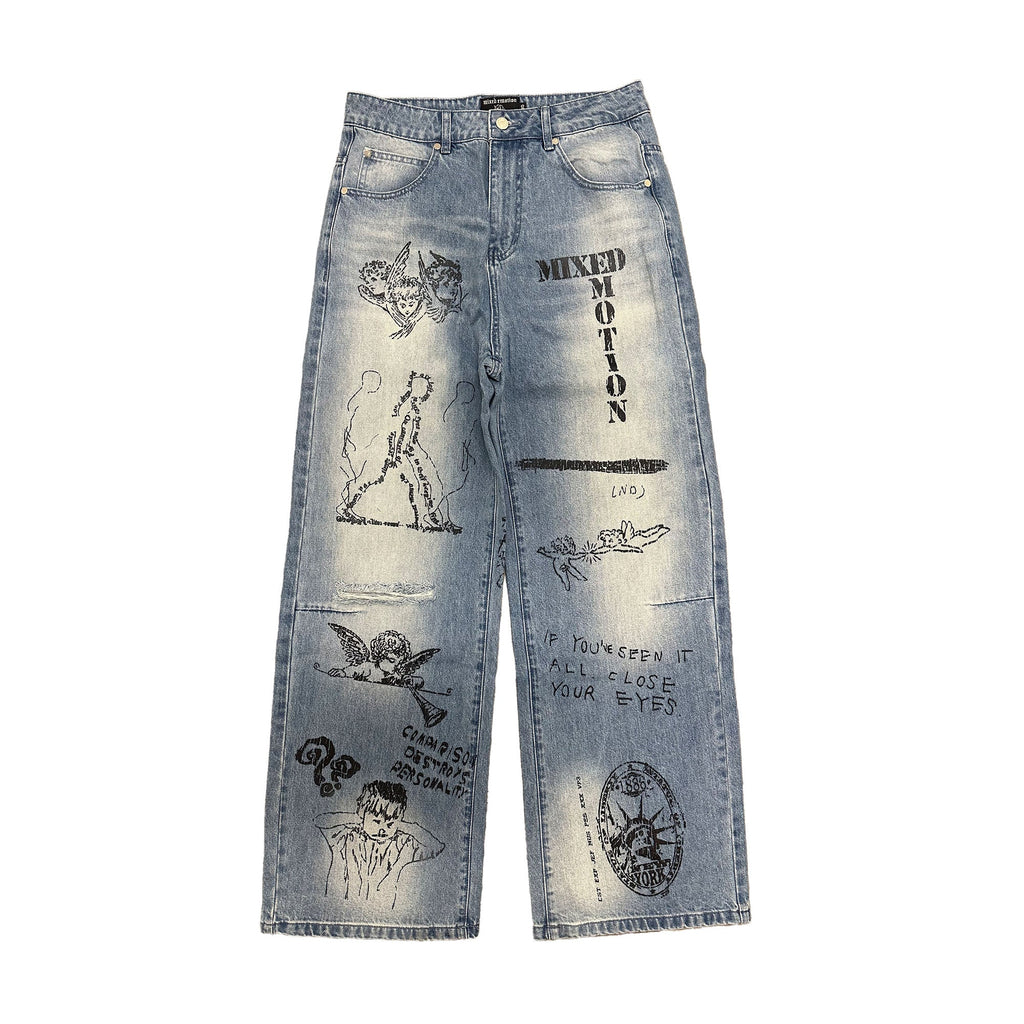 MIXED EMOTION All‑Over Graphic Baggy Jeans