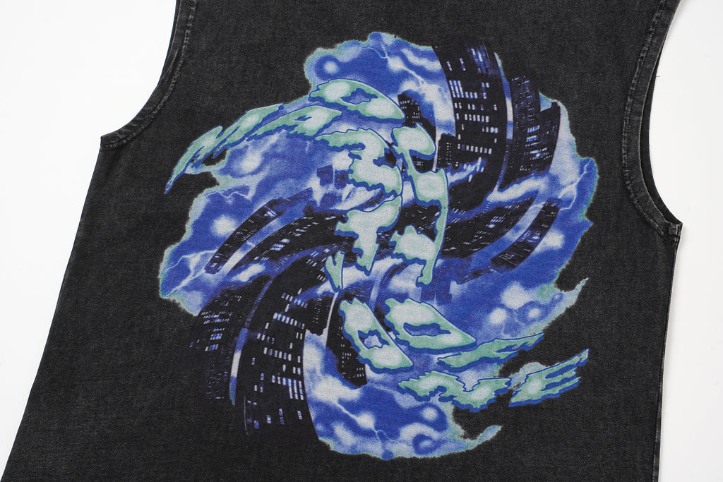 Godspeed Skull‑Liberty Torch Black Washed Tank Top