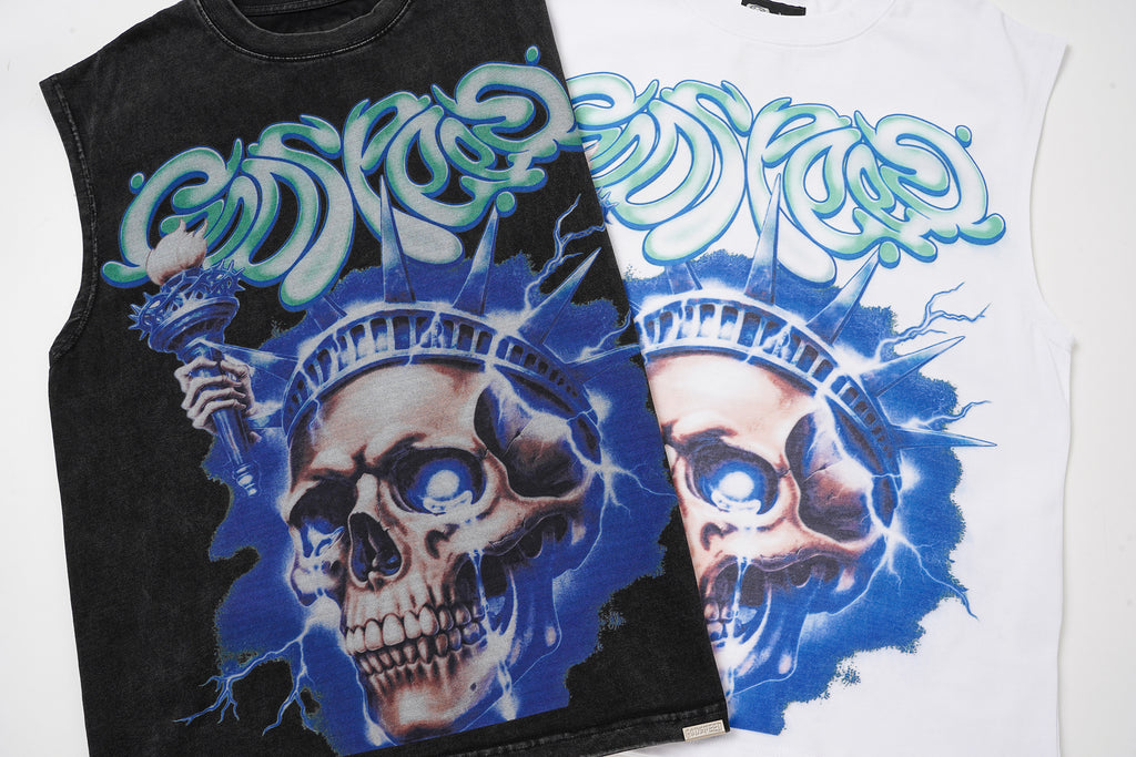 Godspeed Blue‑Flame Skull Print 2‑Color Tank Top