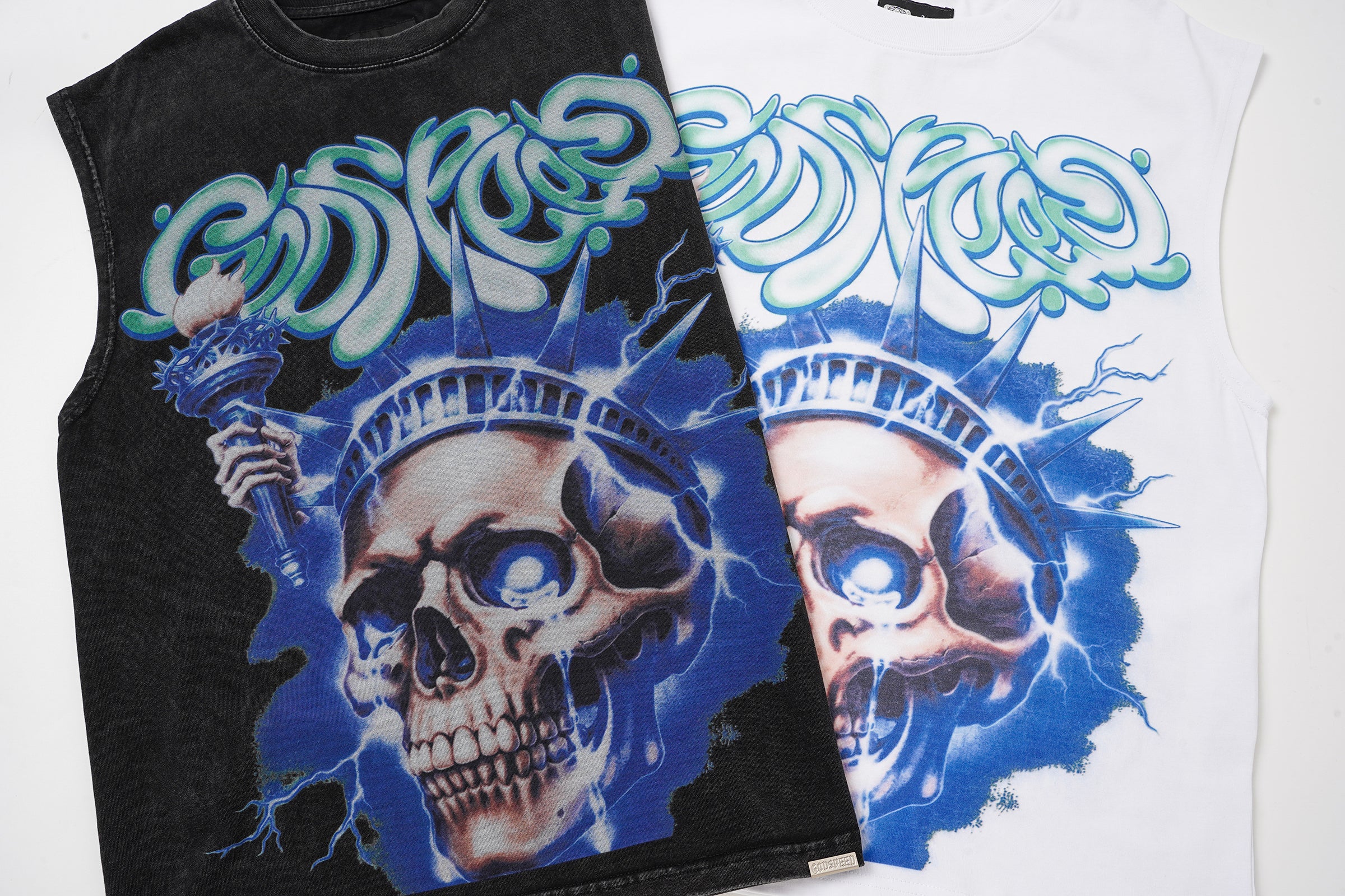 Godspeed Blue‑Flame Skull Print 2‑Color Tank Top