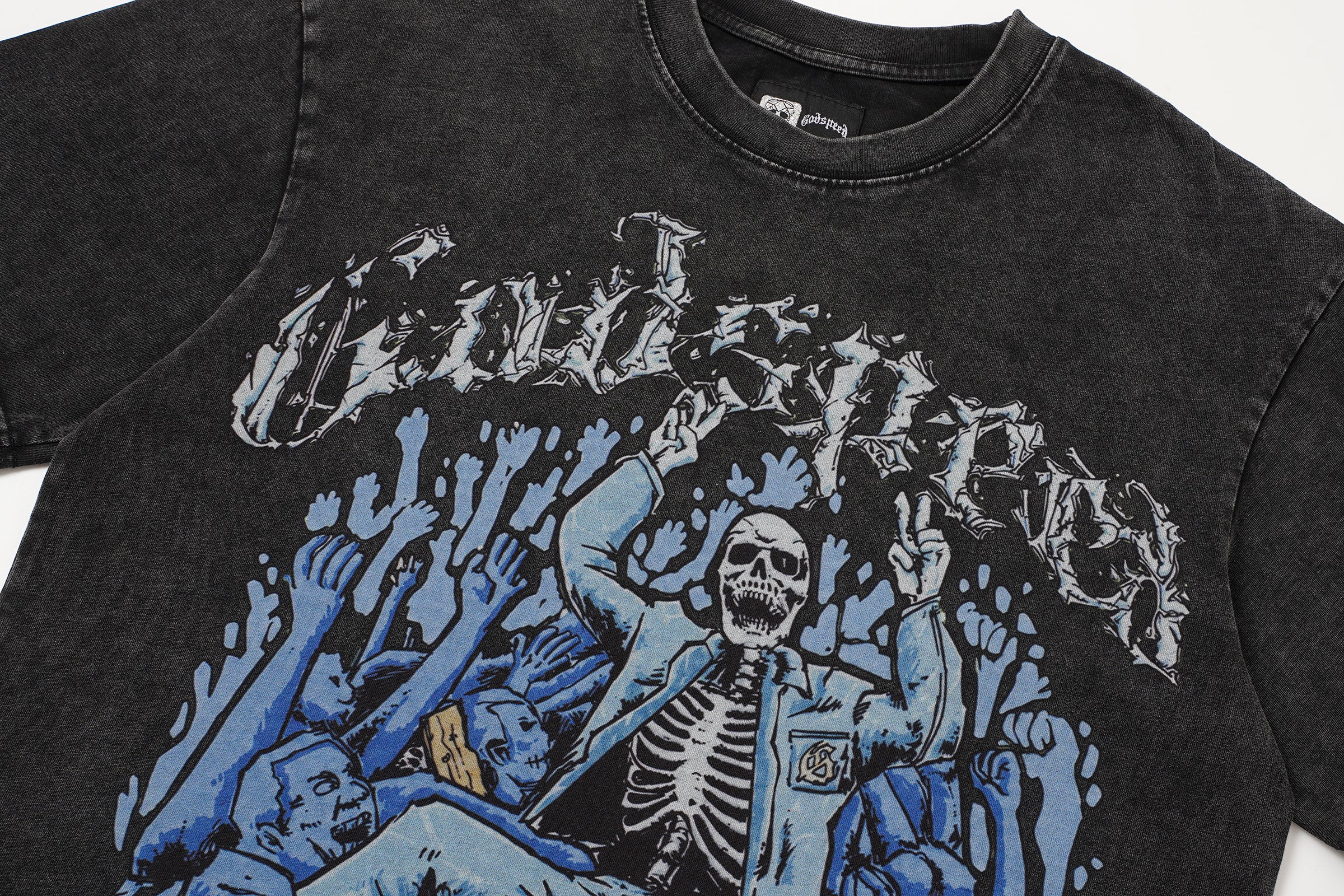 Godspeed Blue Skull Graphic Black T‑Shirt