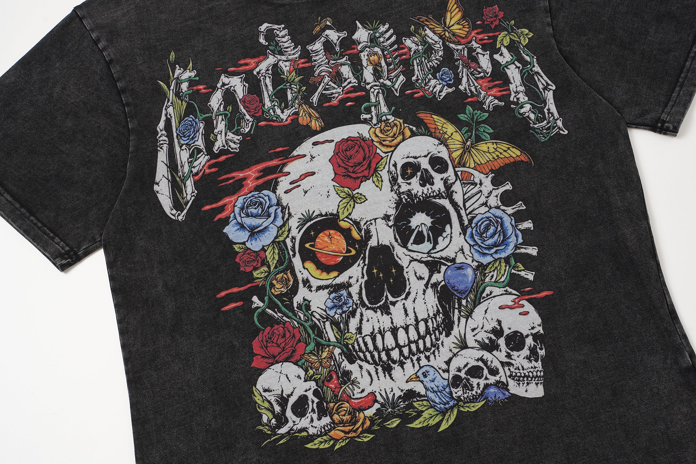 Godspeed Floral Skull Vintage Black T‑Shirt