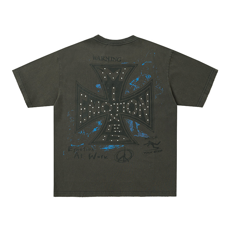 MIXED EMOTION Rhinestone Skull Graphic Black‑Grey T‑Shirt