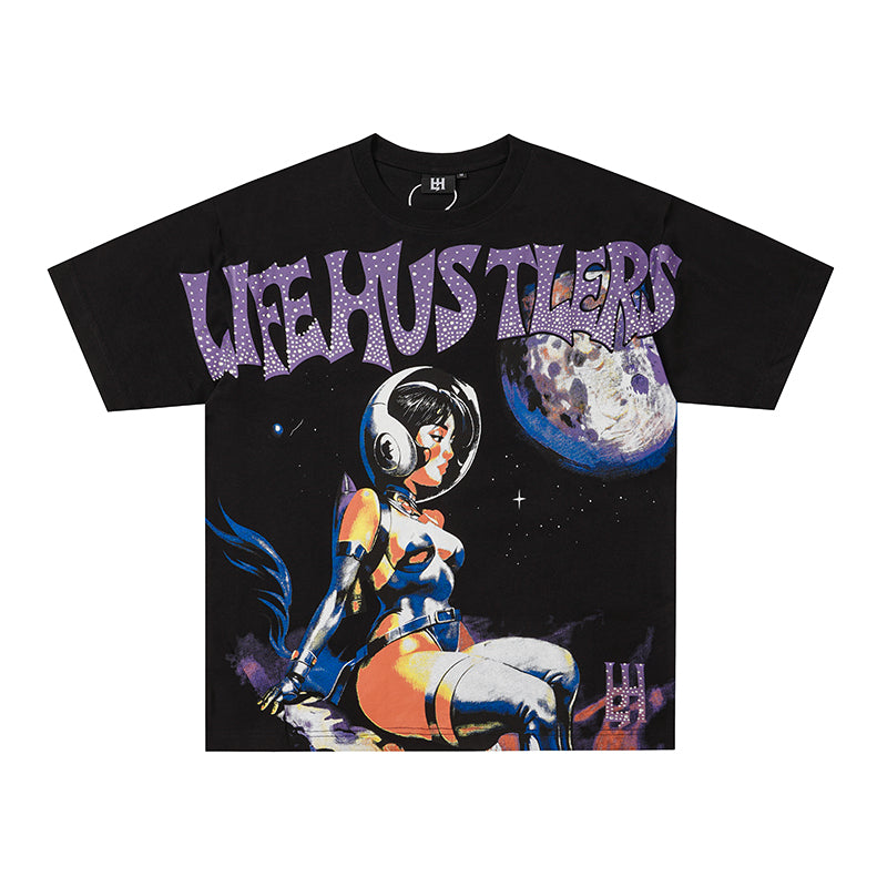 Life Hustlers Space‑Astronaut Graphic Black T‑Shirt