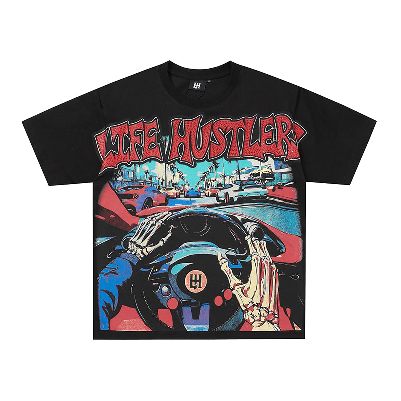 Life Hustlers Skeleton Car Graphic Two‑Tone T‑Shirt