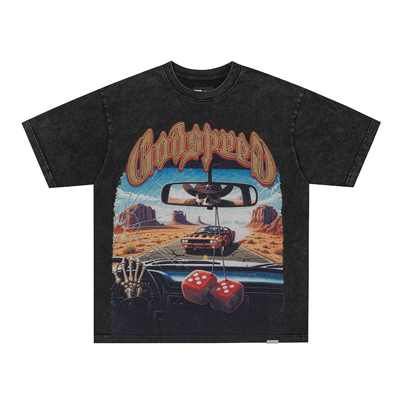 Godspeed Vintage‑Wash Car Landscape Graphic T‑Shirt