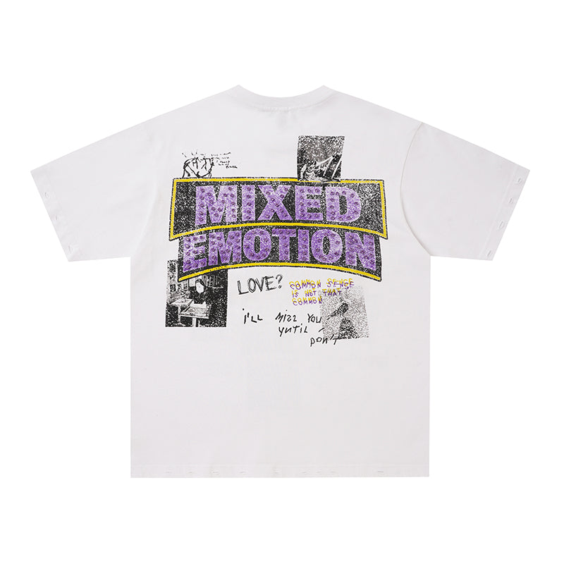 MIXED EMOTION Purple Rhinestone Cross White T‑Shirt