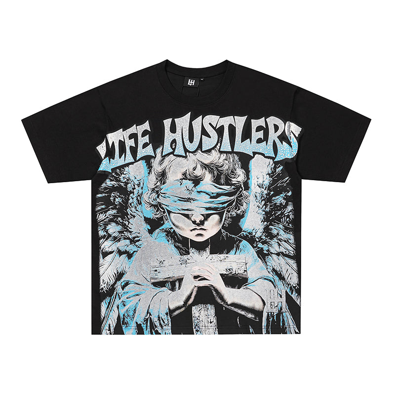 Life Hustlers Blind‑Folded Angel Graphic Black T‑Shirt