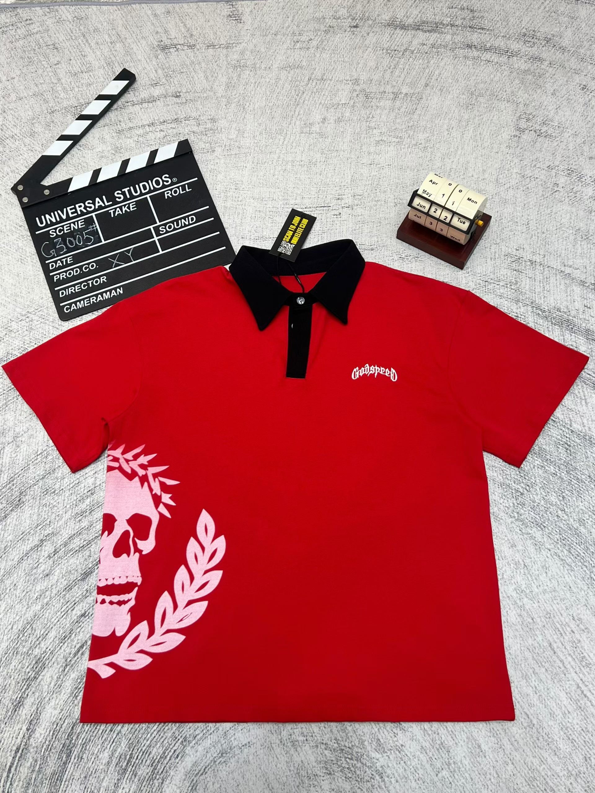 Godspeed Skull‑Laurel Red Contrast‑Collar Polo Shirt