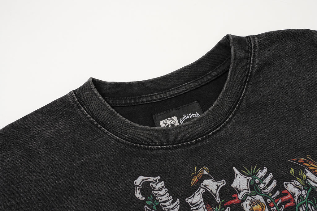Godspeed Floral Skull Vintage Black T‑Shirt