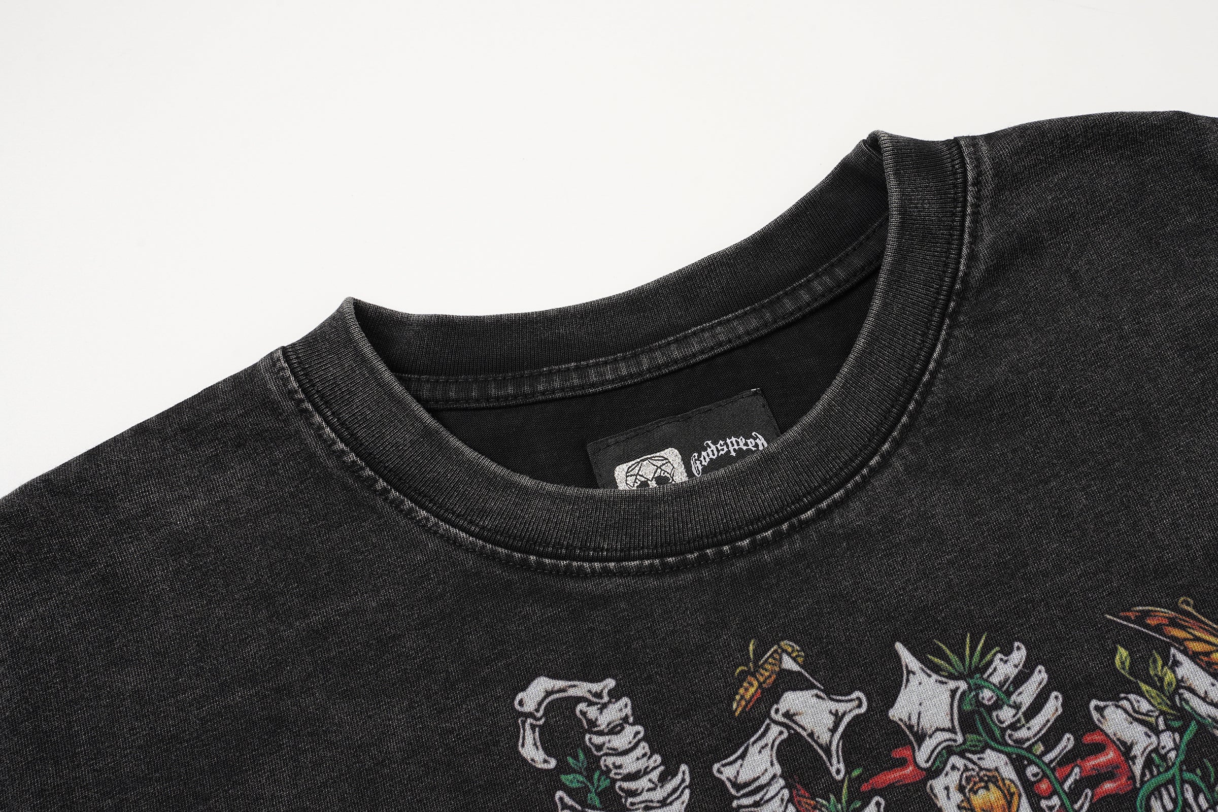 Godspeed Floral Skull Vintage Black T‑Shirt