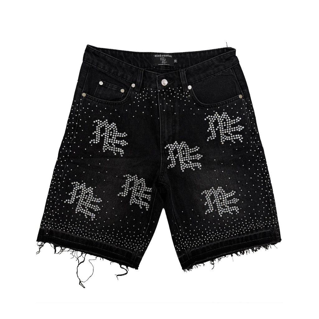 MIXED EMOTION Rhinestone Distressed Black Denim Shorts