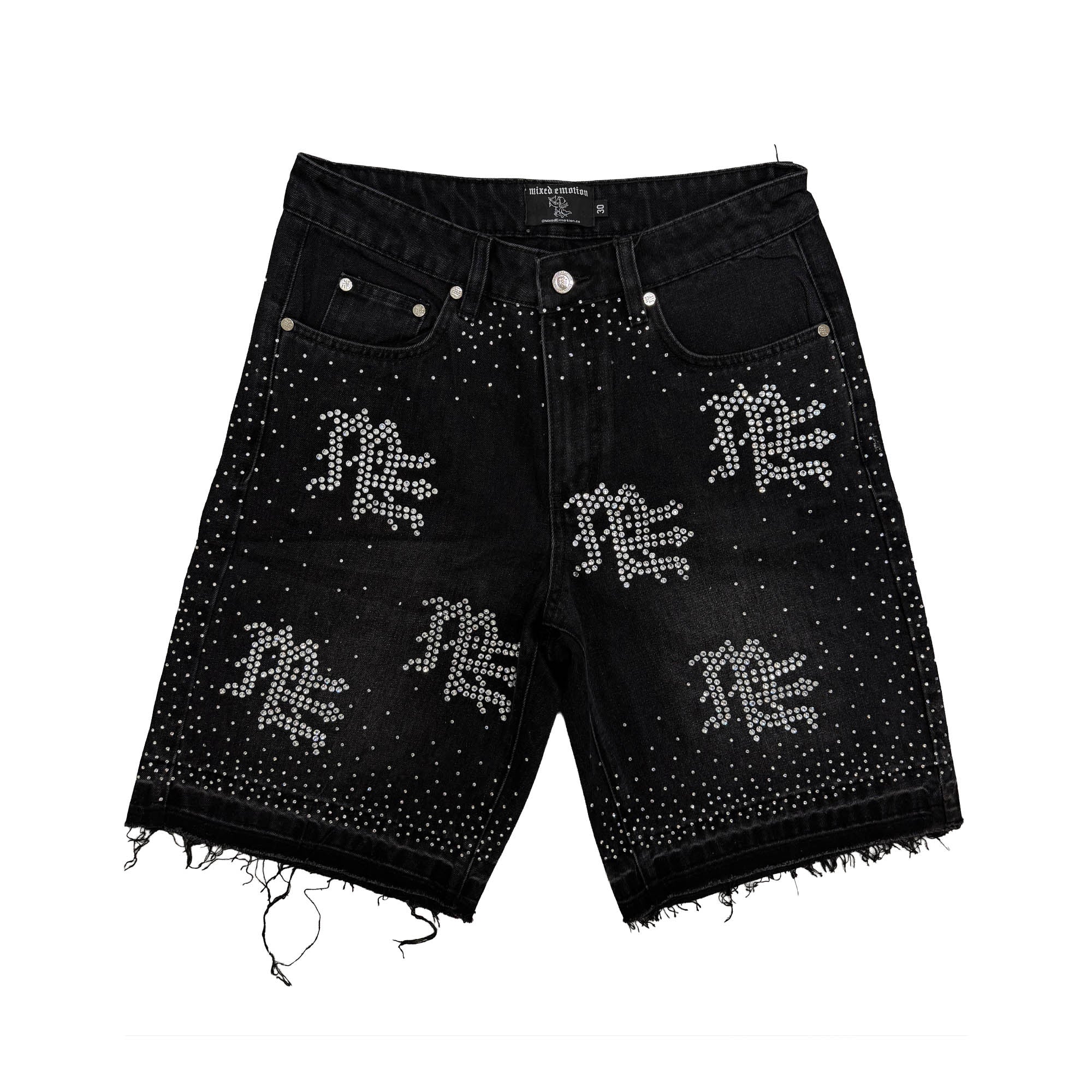 MIXED EMOTION Rhinestone Distressed Black Denim Shorts