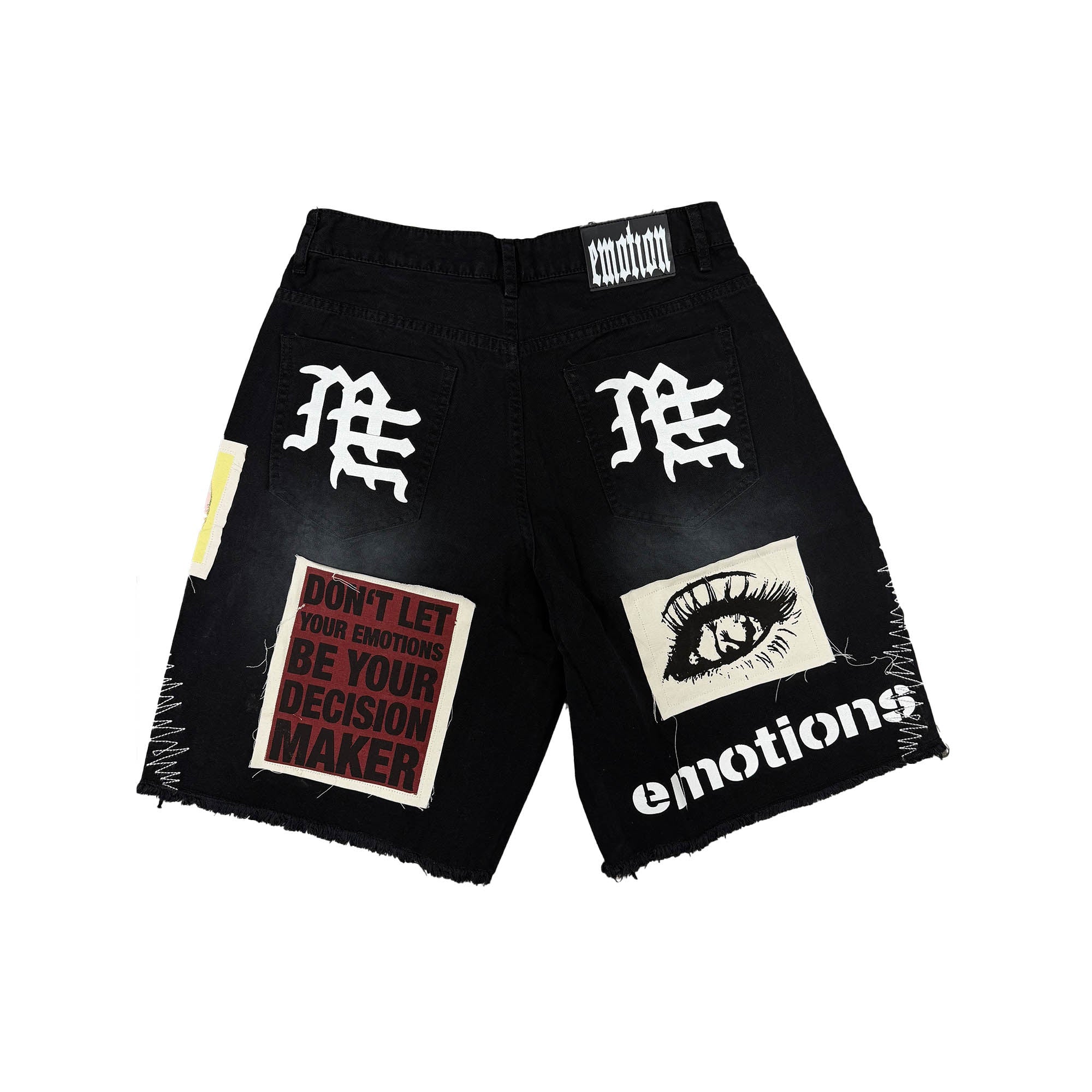 MIXED EMOTION Photo Patch Distressed Black Denim Shorts