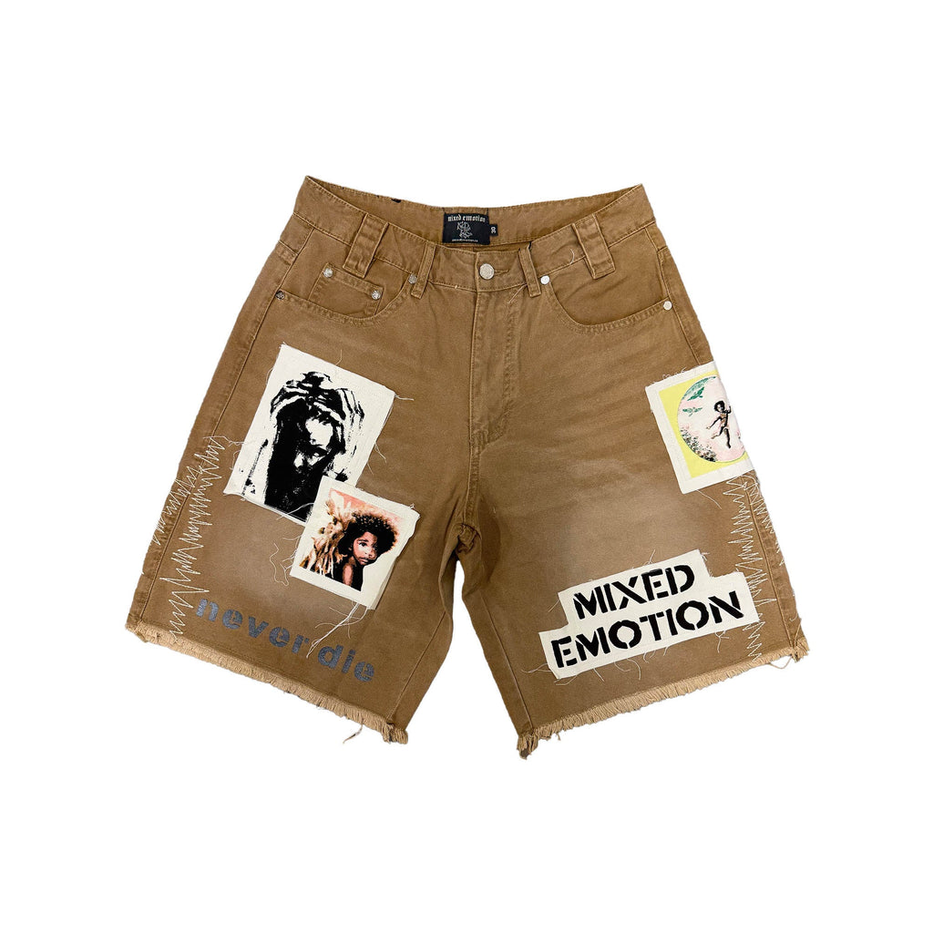 MIXED EMOTION Photo Patch Brown Distressed Denim Shorts