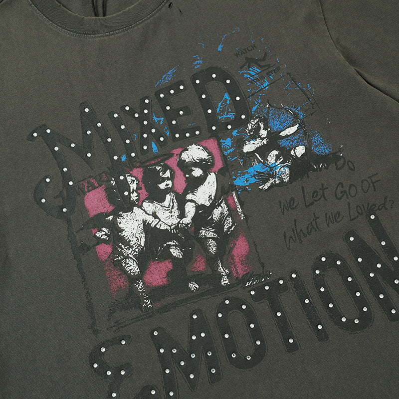 MIXED EMOTION Rhinestone Skull Graphic Black‑Grey T‑Shirt
