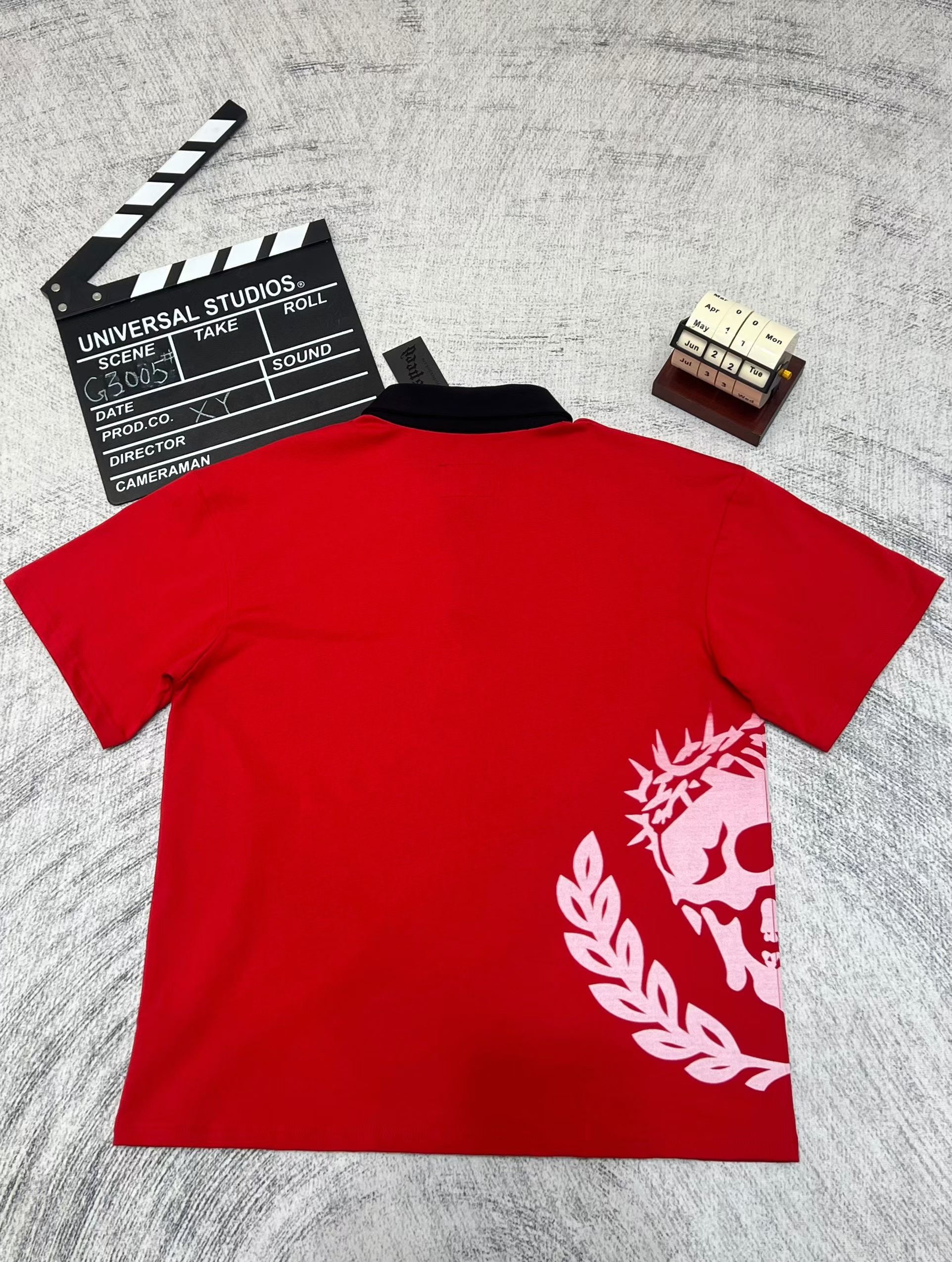 Godspeed Skull‑Laurel Red Contrast‑Collar Polo Shirt