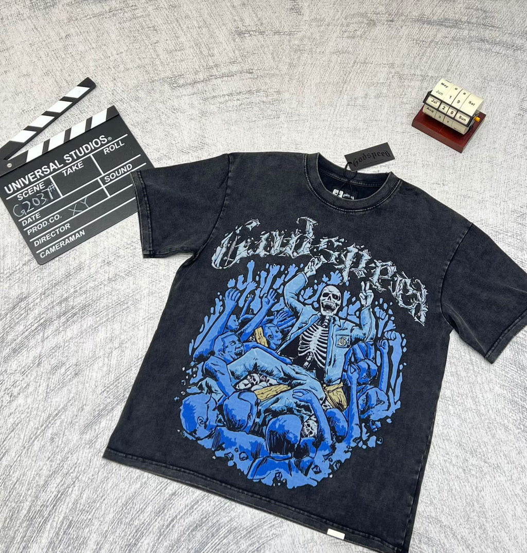 Godspeed Blue Skull Graphic Black T‑Shirt