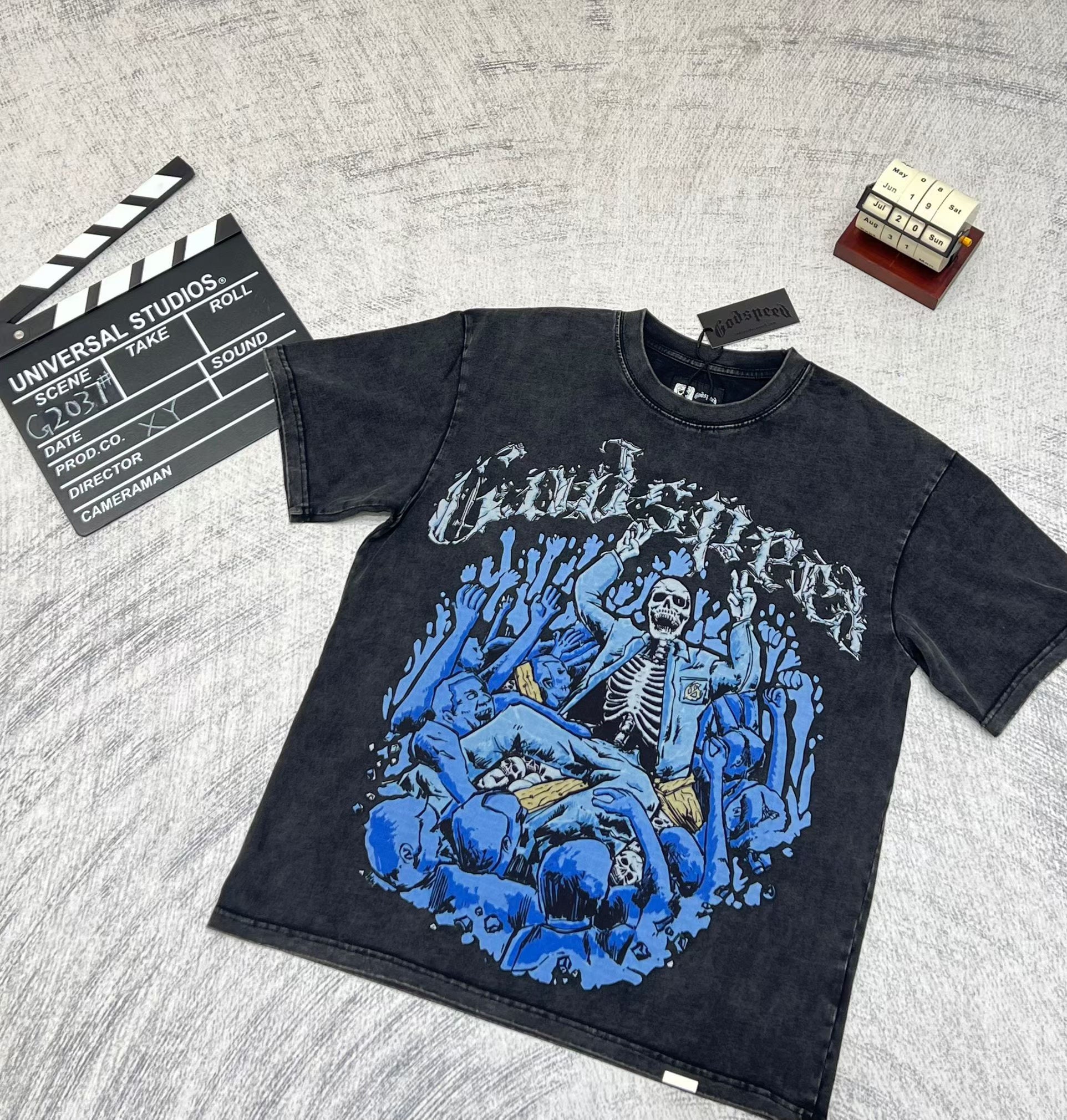 Godspeed Blue Skull Graphic Black T‑Shirt