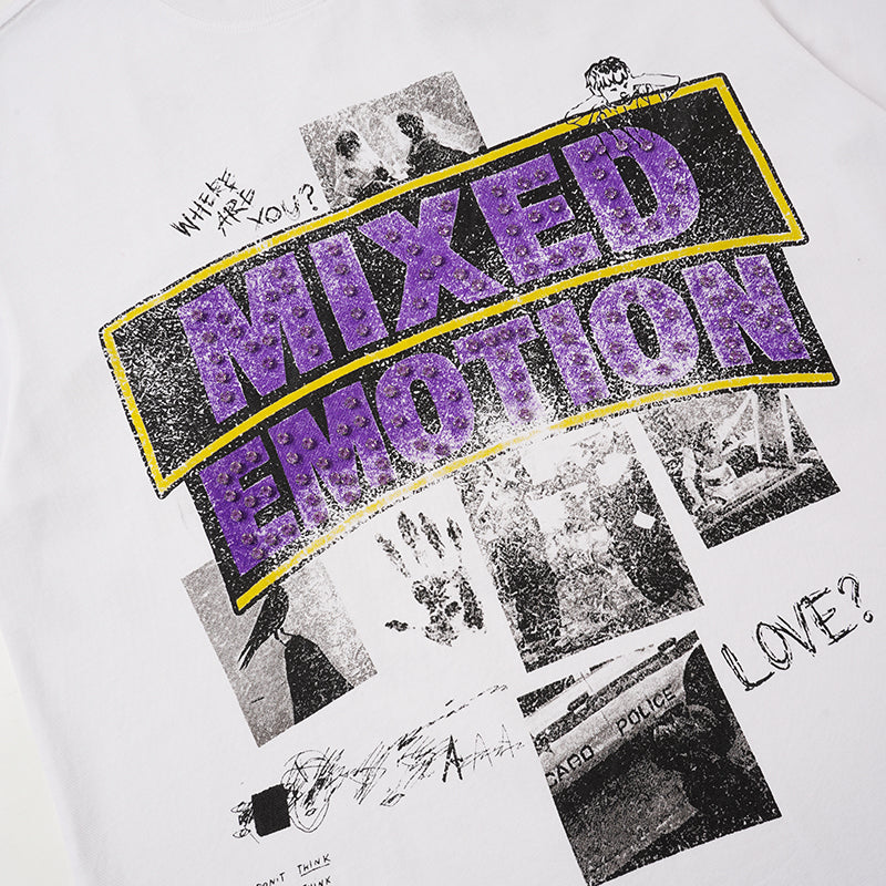 MIXED EMOTION Purple Rhinestone Cross White T‑Shirt