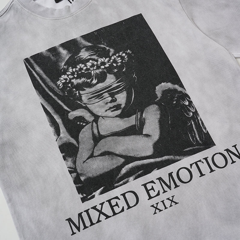 MIXED EMOTION Angel Portrait Washed Grey T‑Shirt