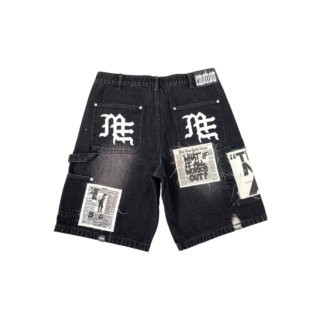 MIXED EMOTION Patchwork Distressed Black Denim Shorts
