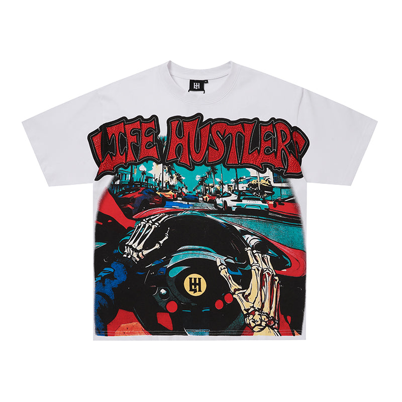 Life Hustlers Skeleton Car Graphic Two‑Tone T‑Shirt