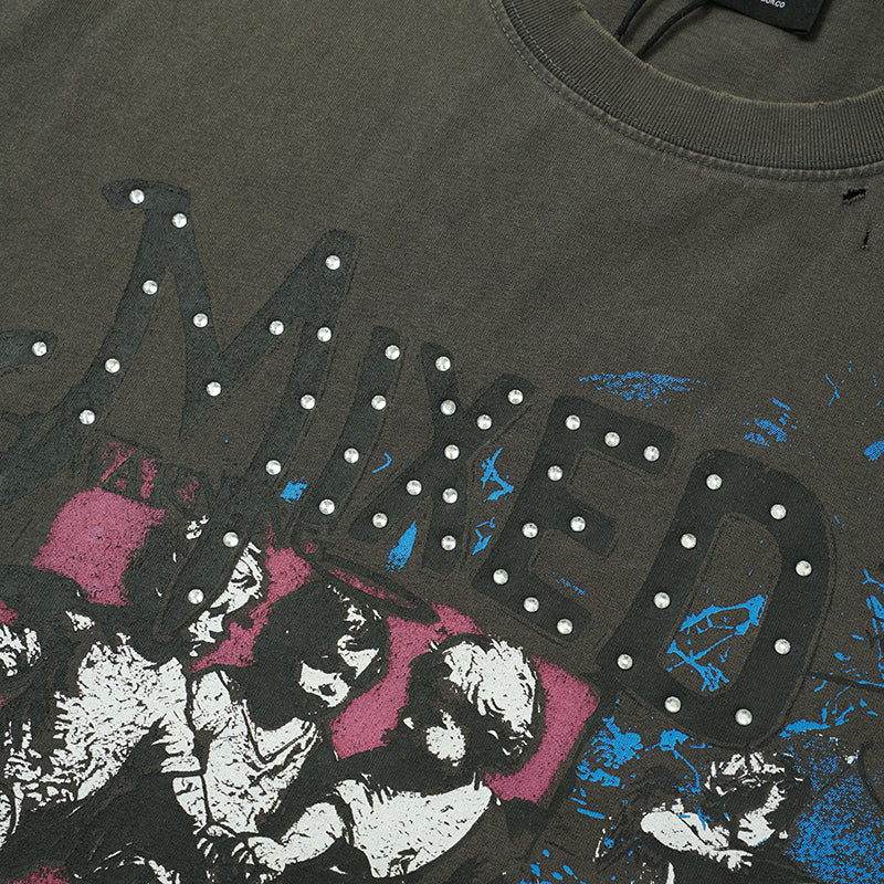 MIXED EMOTION Rhinestone Skull Graphic Black‑Grey T‑Shirt