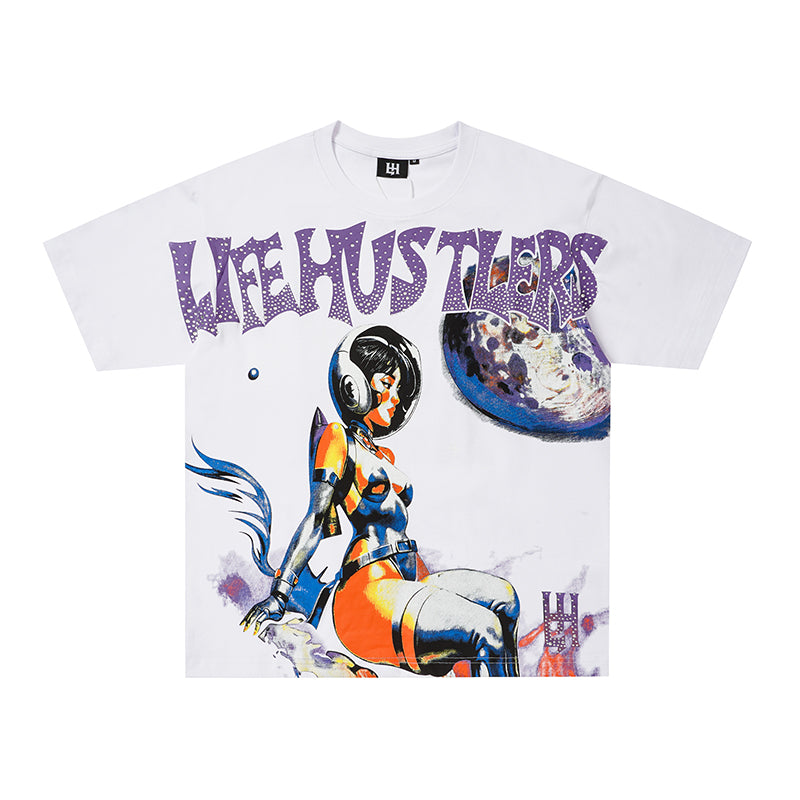 Life Hustlers Astronaut Space‑Print White T‑Shirt