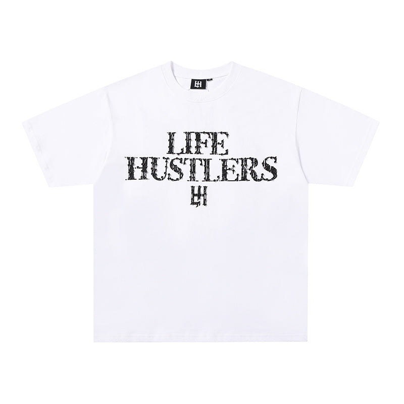 Life Hustlers White Distressed H‑Logo T‑Shirt