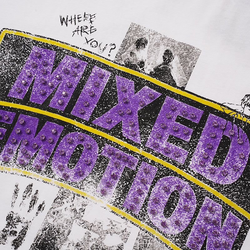 MIXED EMOTION Purple Rhinestone Cross White T‑Shirt
