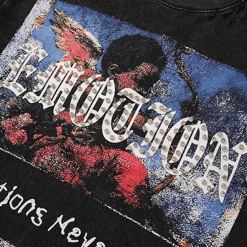 MIXED EMOTION Vintage Portrait Graphic Black T‑Shirt