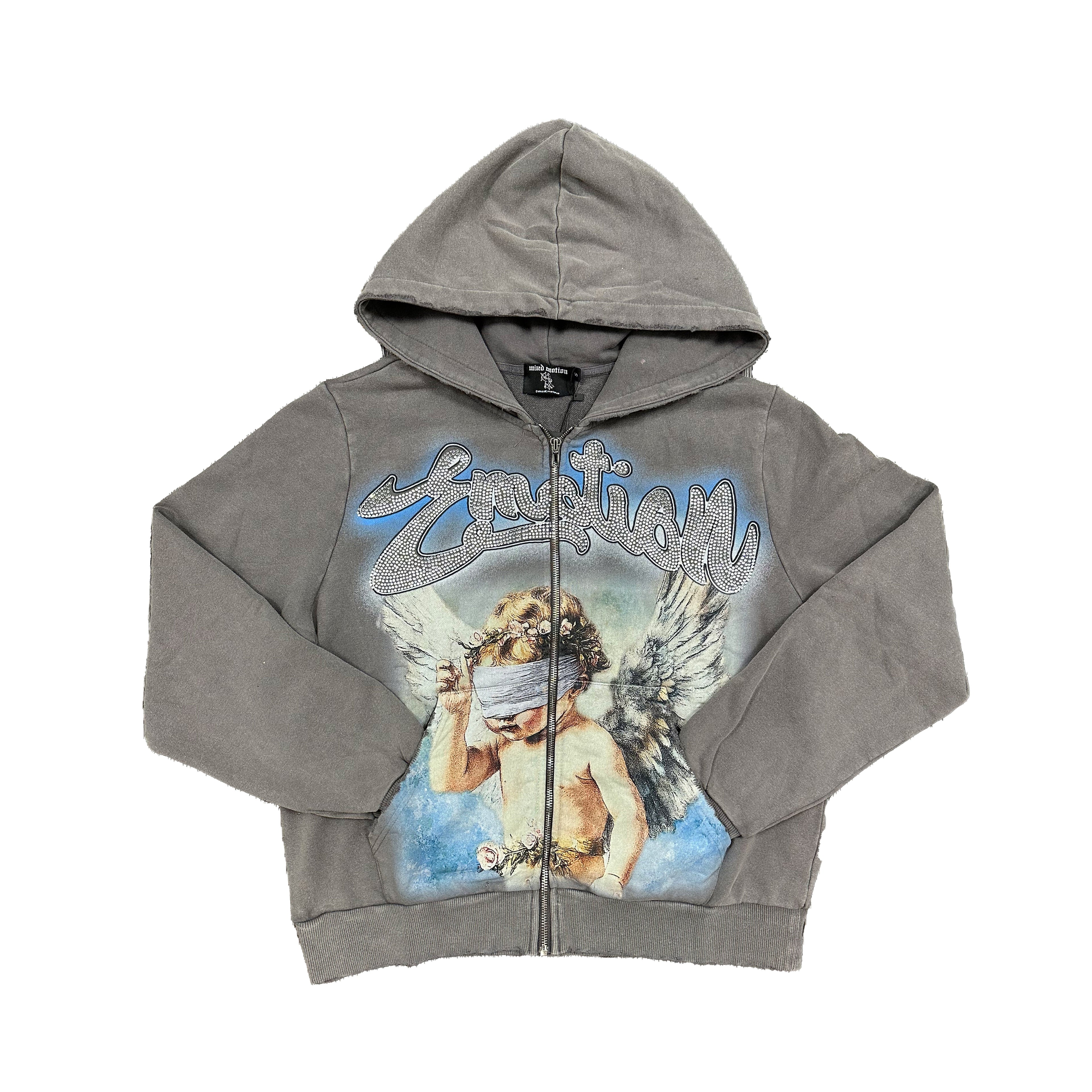 MIXED EMOTION Vintage Angel Rhinestone Zip‑Up Hoodie