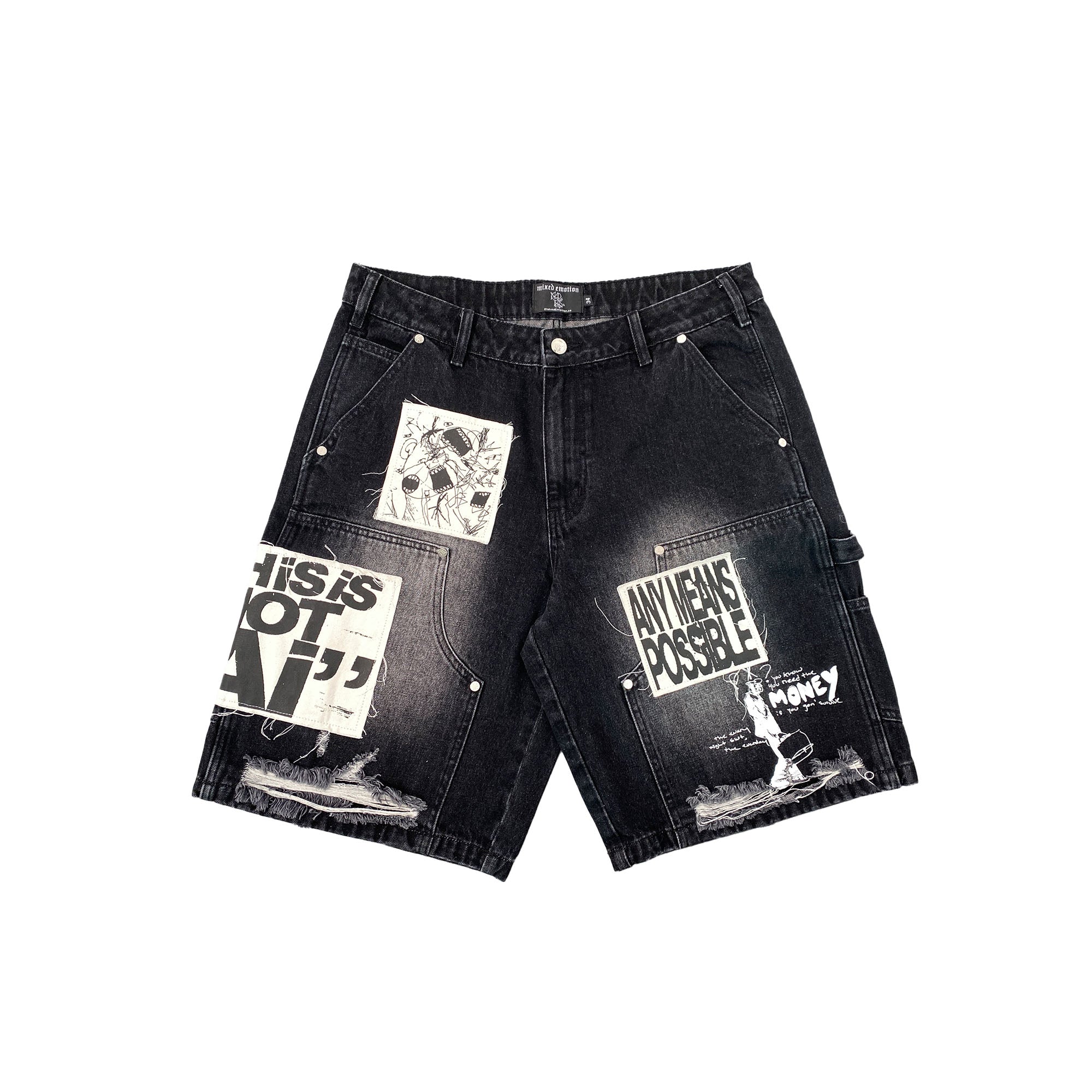 MIXED EMOTION Patchwork Distressed Black Denim Shorts